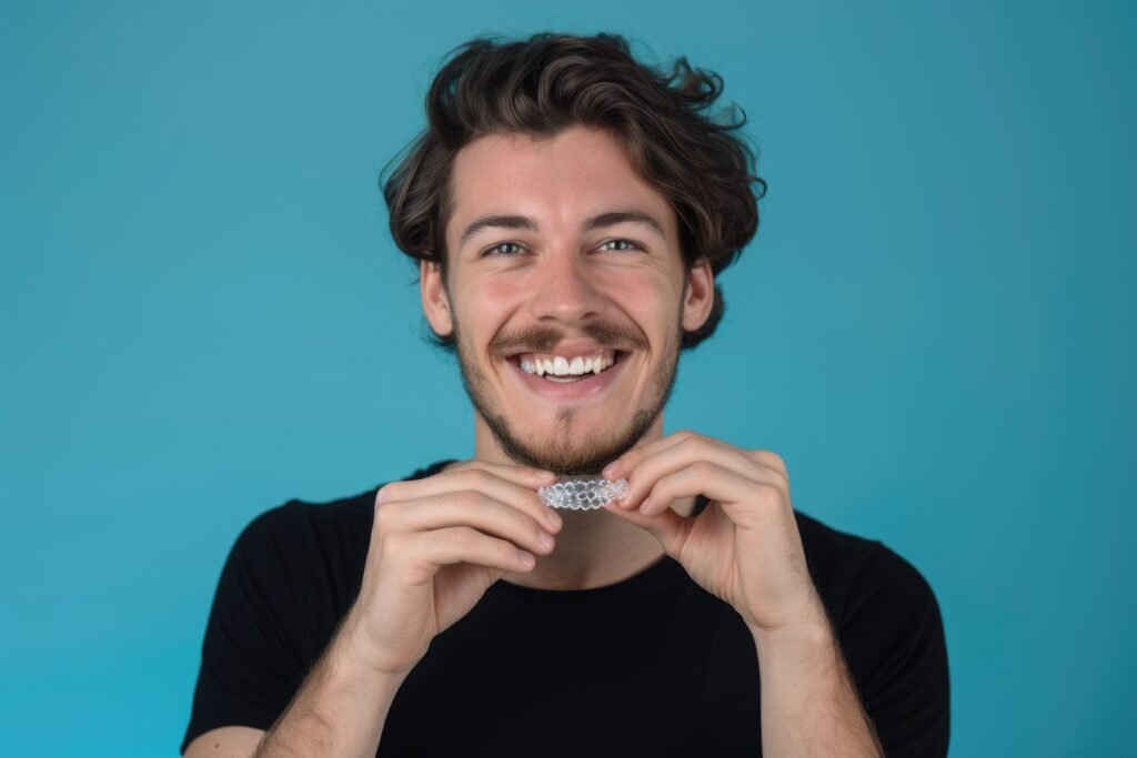 Caucasian man with invisible aligner for dental confidence.