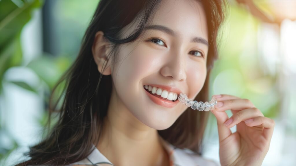 Dental invisible braces, beautiful smiling Asian young woman holding invisalign braces, wearing orthodontic silicone trainer, white smile using invisible whitening tray. Stomatology, dental healthcare