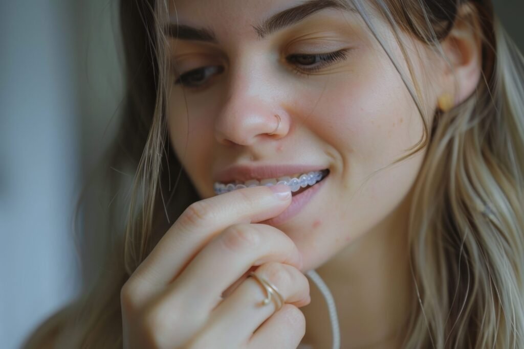 Woman applying invisible braces