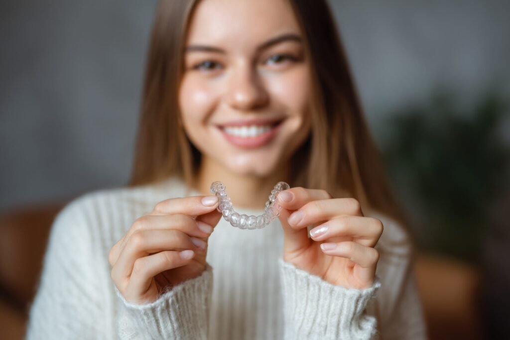 smiling woman hold in hand transparent aligners, dental braces