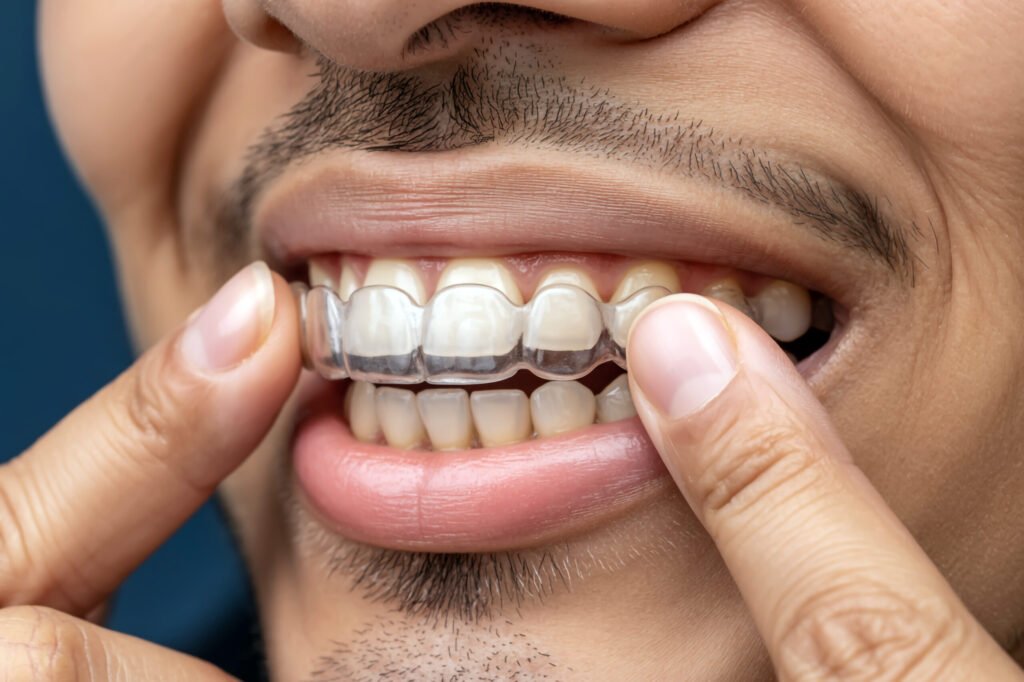 Man Inserting Clear Teeth Aligner on Upper Teeth for Orthodontic Treatment
