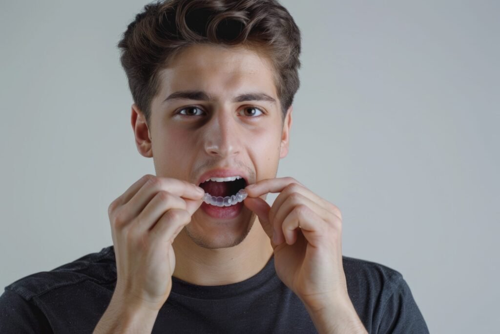 Young man with invisible aligner promotes dental healthcare and confidence.
