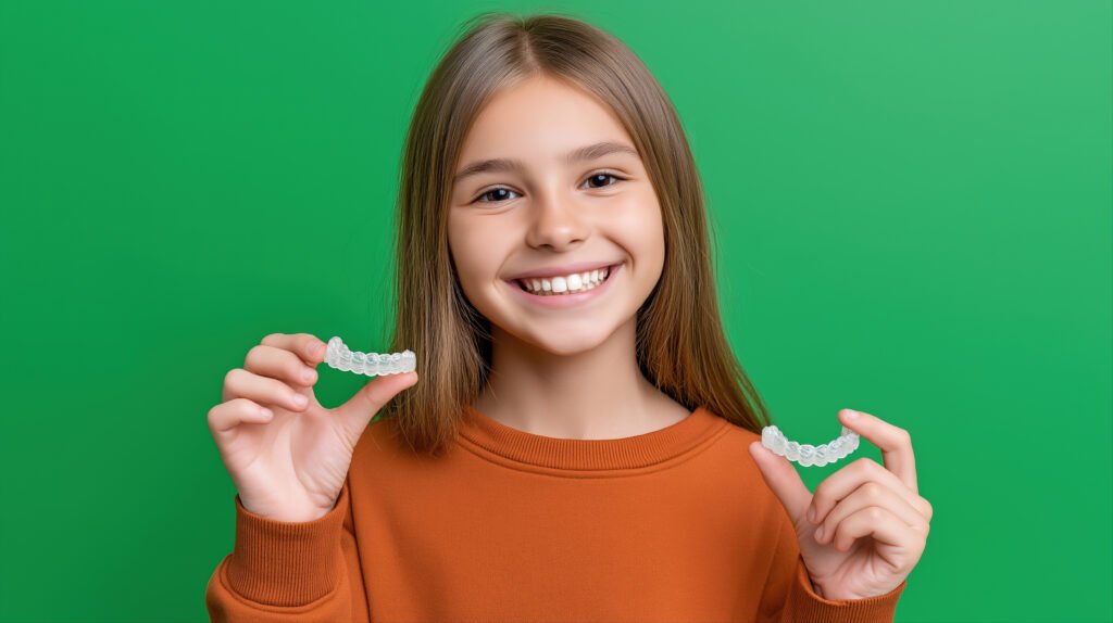 Smiling caucasian female child holding clear dental aligners on green background