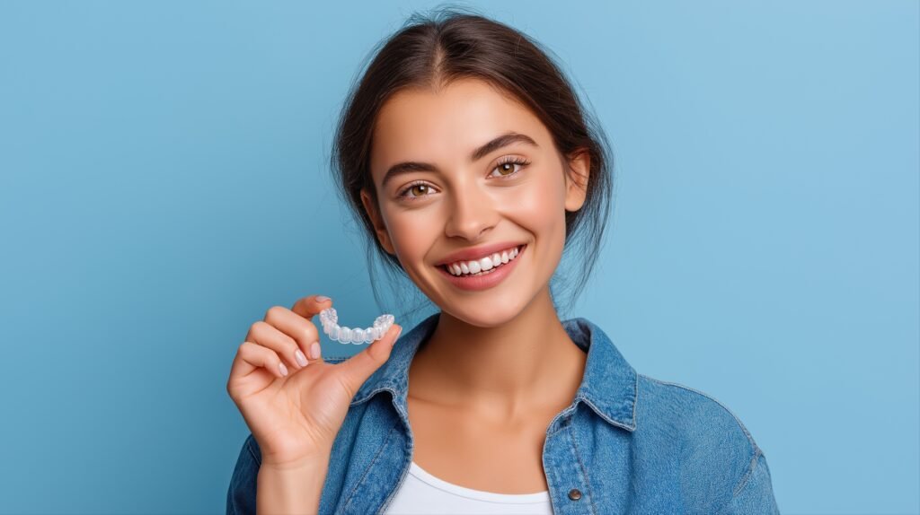 Smiling young caucasian female holding clear dental aligner on blue background