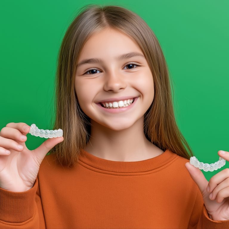 Smiling caucasian female child holding clear dental aligners on green background