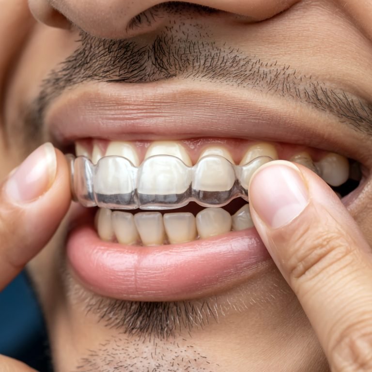 Man Inserting Clear Teeth Aligner on Upper Teeth for Orthodontic Treatment