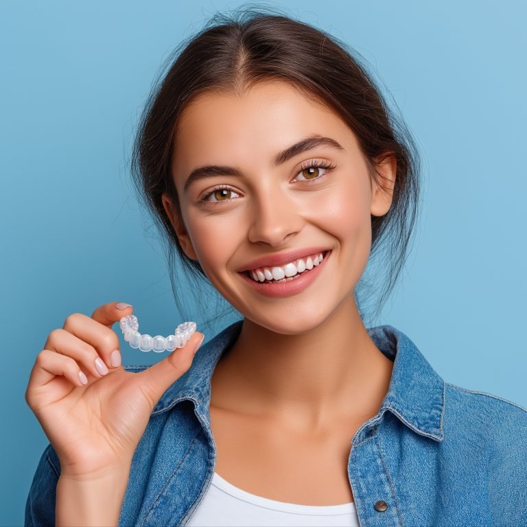 Smiling young caucasian female holding clear dental aligner on blue background